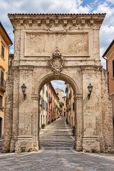 Un arco monumentale nel centro storico dell'Aquila